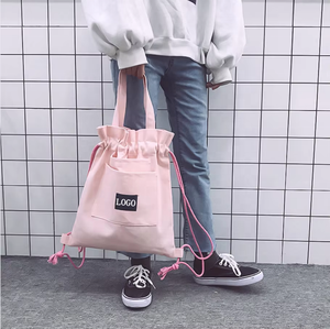 Grosir tas punggung Tote belanja tali serut kanvas katun Logo kustom perjalanan daur ulang desain warna polos - Product Image 4