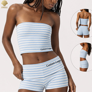 Conjunto de 2 Piezas a Rayas con Top Bandeau sin Tirantes y Mini Shorts Plegables, Directo de Fábrica, con Logotipo Personalizado OEM - Product Image 1