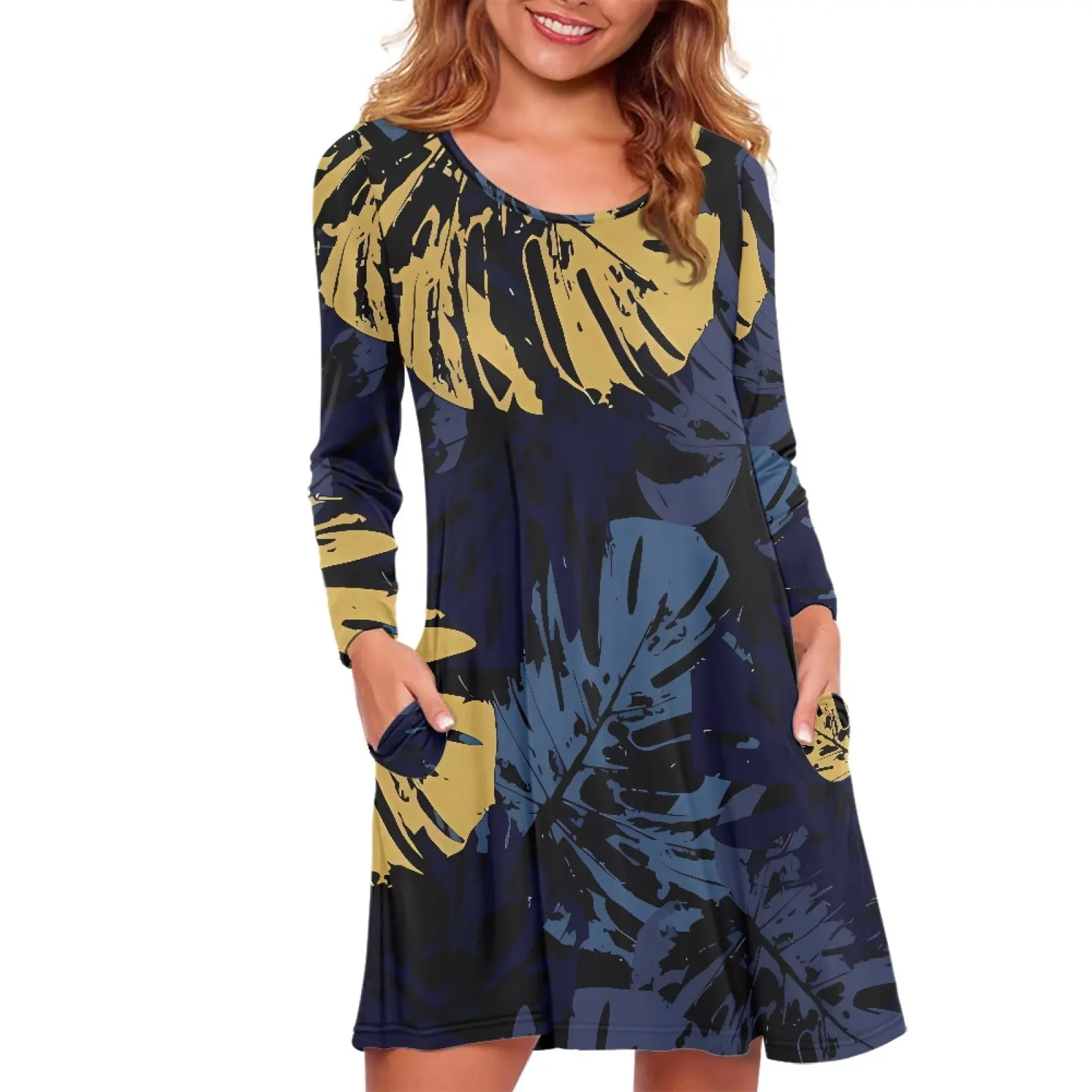 Drop Shipping Bananenblad Print O-hals Lange Mouw Losse Dames Jurken Custom Palmblad Zomer Dame Elegante Casual Jurken