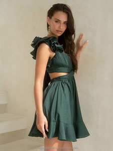 Gaun Mini Wanita Model V-neck Rajut Elegan Kasual Manis Seksi Tanpa Punggung A-Line Musim Panas Lengan Ruffle untuk Wanita Muda - Product Image 2