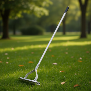 Râteau à gazon avec tête en acier, manche en métal, texture antidérapante, pour utilisation en jardin et en ferme, couleur argent, modèle D0100XUJ6ZA - Product Image 2