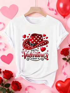 Valentine's Day <b>Women's</b> Short Sleeve Western Print T-Shirt Heart Cowboy <b>Hat</b> Round Neck Cotton Casual <b>Top</b> Spring Summer Autumn - Product Image 3