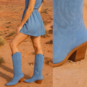 <span class=keywords><strong>Bottes</strong></span> d'équitation pour femmes en faux daim brodé style western, hauteur genou, bout pointu, talon bas, rehaussantes, printemps/été/hiver - Product Image 3