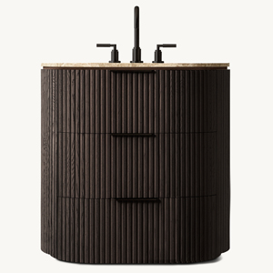 Mobile <span class=keywords><strong>Bagno</strong></span> Moderno in Rovere Americano, Comoda Toeletta Compatta a 3 Cassetti, Lussuosa Consolle in Legno Massello con Piano in Marmo, Arredamento RH. - Product Image 6