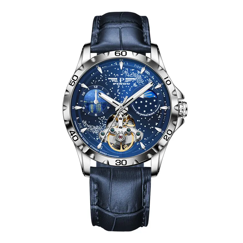 Schlussverkauf Pindu Herren Luxus-Galaxie-Multifunktionale Tag-, 24-Stunden-Datum Mondphase Leder Silikon automatische mechanische Uhr
