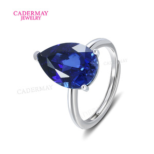 Cadermay 925 Sterling Silver Ring Pear Shape Sapphire Crystal Adjustable Unisex Engagement Jewelry - Product Image 1