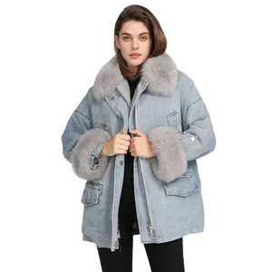 2021 personalizzato 2020 in massa di grandi dimensioni collo di pelliccia del faux delle donne cappotto di inverno delle donne blue jeans <span class=keywords><strong>giacca</strong></span> di jeans per le signore con pelliccia - Product Image 1