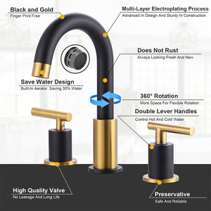 Coperta montata <span class=keywords><strong>3</strong></span> fori diffuso rubinetto bagno <span class=keywords><strong>2</strong></span> manico nero e oro miscelatore rubinetto lavabo lavello rubinetto rubinetto bagno - Product Image 4