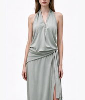 Gaun Maxi Wanita Halter V-Neck Tanpa Lengan dengan Ikat Pinggang dan Belahan Samping