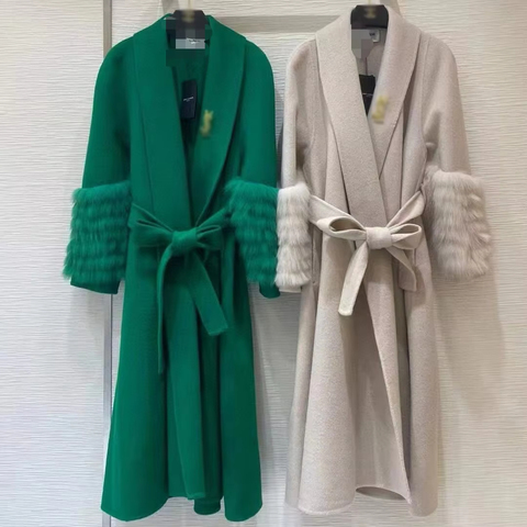 2778 Women Luxury Woolen Overcoat Multi-colors Belt Long Wool Coat With fox Fur Sleeve