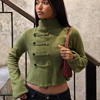 Cardigan en tricot à col roulé pour femme, style chinois avec boutons grenouille, manches longues, patte de boutonnage oblique, coupe ajustée et courte, 100% Polyester respirant