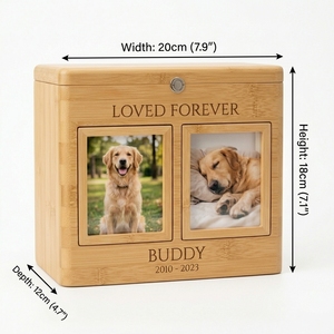 Urne funéraire en bambou verrouillable avec double cadre photo, coffre à souvenirs avec serrure à clé, personnalisable pour chien et chat - Product Image 3