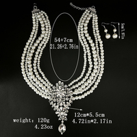 Parure de bijoux de luxe vintage en fausses perles multicouches, collier et boucles d'oreilles, avec pendentif goutte d'eau en strass étincelant, en argent