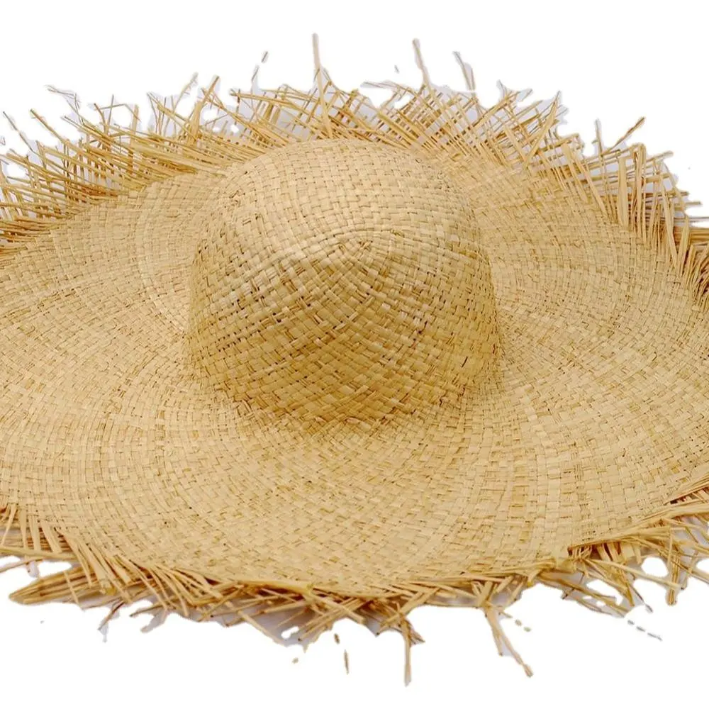 ผู้หญิงฤดูร้อนหมวกอาทิตย์ Raffia หมวกฟาง Fringe ชายหาดขนาดใหญ่สุภาพสตรีที่กําหนดเองผู้ใหญ่ Unisex กระเป๋าริบบิ้นและเชือก Floppy
