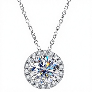 14K <b>Solid</b> White Gold Halo Pendant <b>Necklace</b>, 1 Carat D Color & Flawless Moissanites, 40+2+3mm Adjustable Sterling <b>Silver</b> Chain - Product Image 1