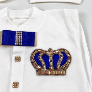 Tela de algodón 100% de alta calidad, tejido de punto personalizado de manga larga, Burbuja de bambú, 4 piezas, conjunto de Pelele de bebé azul y dorado - Product Image 2