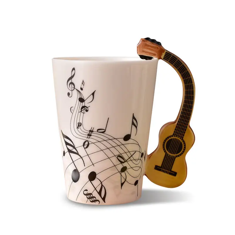 Divertido violín clarinete snare Drum piano música guitarra taza pintada a mano diseño de nota en forma de taza de café con mango de instrumento