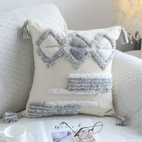 Housses de coussin Boho avec pampilles, Style marocain, coton blanc et bleu tufté, housse de coussin bohème, canapé, décoration de la maison