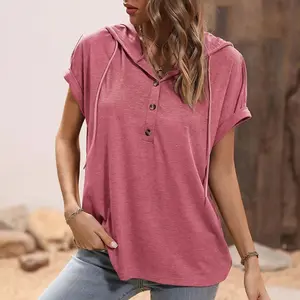 2024 Summer New Arrivals Womens Hot Sale Casual Sports Plain Tee Tshirt Loose Hooded Button Short-Sleeved T-Shirt For Lady Girl