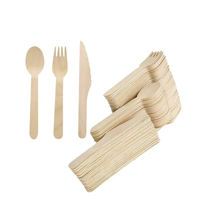 Wholesaler Biodegradable Dinnerware Birch Wood Knives Forks Spoon Biodegradable Utensils 160mm Disposable Wooden Cutlery