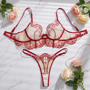 Conjunto de lencería roja bordada al por mayor, sexy, de malla transparente, con aros y tanga, lencería íntima de encaje transparente para mujer, OEM ODM - Product Image 3