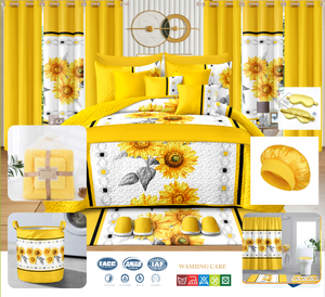 RTS 24 قطعة قماش ناعم مطبوع بالزهور الصفراء مخطط ورقة منقوشة مجموعة ملاءات سرير الملك الحديث ستائر غرفة المعيشة بالجملة - Product Image 1