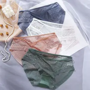 Transparente para el diseño de tiro bajo Panty de malla Algodón Mujeres Ropa interior de encaje Bragas