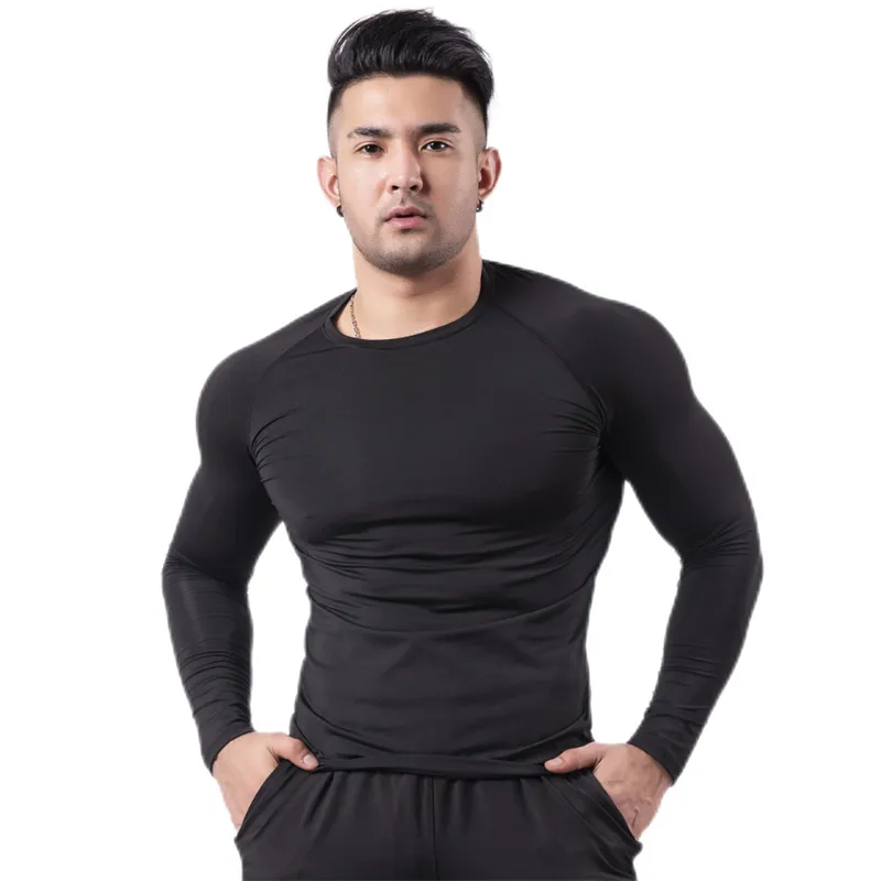 Aoyema Wholesale Compression Gym Shirts Clothing Long Sleeve Slim Fit Fitness Cheap Sport T Shirt For Men