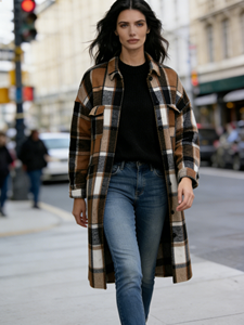 Chaqueta Larga a Cuadros de Mezcla de Lana para Mujer - Estilo Retro Americano, Oversize, Largo hasta la Rodilla, con Botones y Bolsillos Delanteros Dobles - Product Image 1