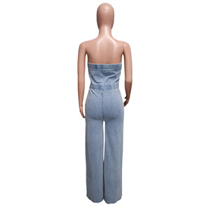 Mono vaquero casual de mujer estilo urbano sexy sin tirantes con pierna ancha a la moda - Product Image 6