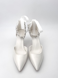 Manufacturer Elegant <b>White</b> Satin Leather Wedding Shoes High Quality Custom Ankle Peals High <b>Heels</b> Bridal Wedding Shoes for Women - Product Image 4