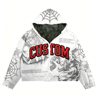 Sweat à capuche zippé court pour homme, style streetwear personnalisé, 420 GSM, blanc délavé, Y2K, avec imprimé motif religieux intégral en strass et chenille