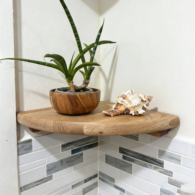 Wood Floating Corner Shelf Wall Mount Round End Floating Speaker Shelves with Wire Hole for Small Plant Photo Frame for Home