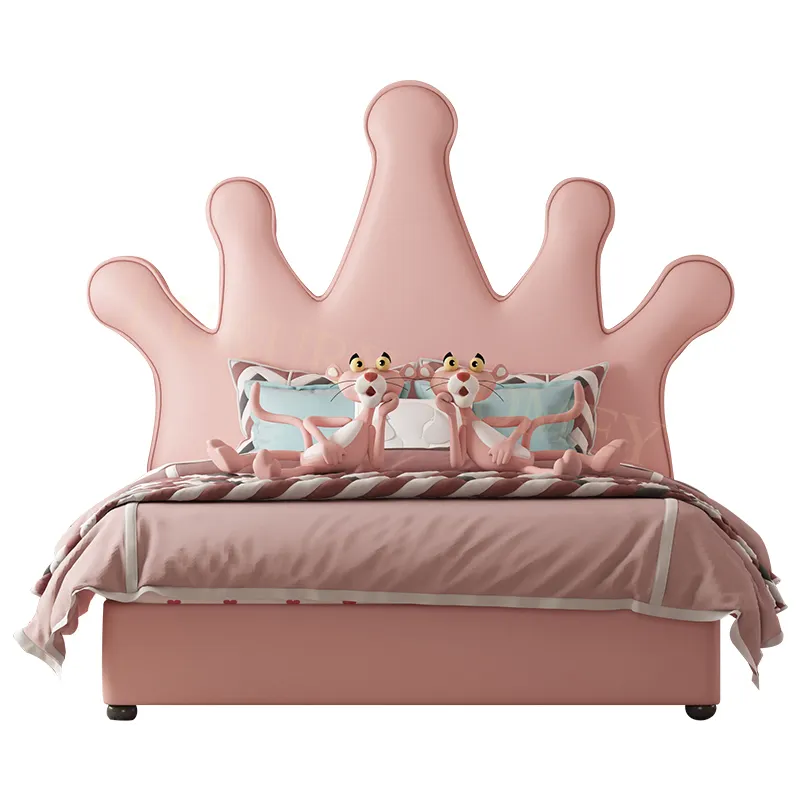 Hot sale popular girl style pink leather headboard kid bed with storage wood frame for children furniture