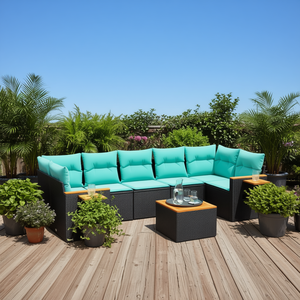 Ensemble de canapés de patio en polyrotin noir pour 8 personnes avec coussins, rangements et porte-gobelets, mobilier d'extérieur de style contemporain - Product Image 2