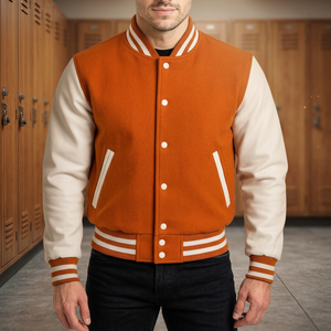 Men's Orange Varsity Jacket With White Sleeves And Stripes Preppy Style Regular Fit Turn-down Collar Single Button Closure - Product Image 6