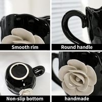Tasse à café en céramique noire avec décoration de rose blanche 3D, bord ondulé, tasse à fleurs créative faite à la main pour la maison, cadeau, vente en gros