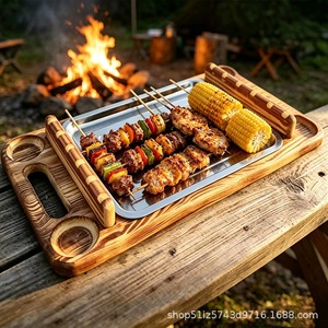 Plateau de barbecue rétro en bois 56x30x8 cm avec support pour brochettes pour pique-nique en plein air et utilisation à la maison - Product Image 2