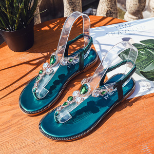 Sandales de plage confortables pour femmes, à talon plat en PU, avec strass et lanières à la cheville, à enfiler, bout ouvert, collection printemps-été - Product Image 3