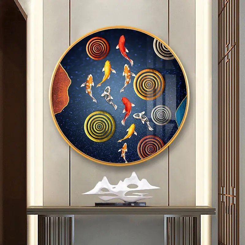 거실 현관 장식 라운드 9 물고기 현대 럭셔리 황금 크리스탈 도자기 장식 그림