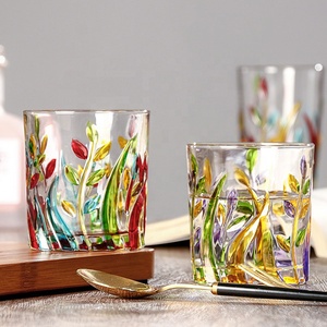 Verre à whisky artisanal sans plomb, style ancien, avec motif <span class=keywords><strong>de</strong></span> feuilles colorées en relief, peint à la main, pour bar, vin et jus - Product Image 5