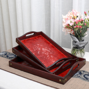 Rectangular Wooden Serving <b>Tray</b> Red Color For <b>Tea</b> Coffee Hotel Use With Handles Storage Plate - Product Image 3