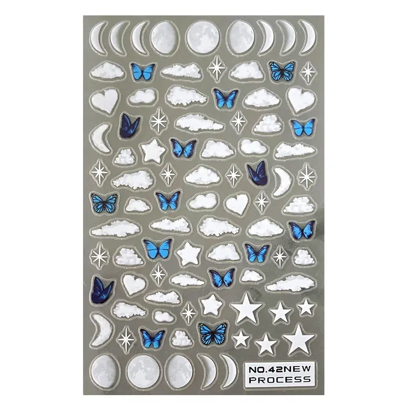 New Nail Art Sticker Flower Letter Butterfly Leaf Blue Pattern 3d Press On Nail Stickers