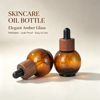 Flacon compte-gouttes en verre ambré rond de 30 ml avec bouchon en bois pour huile essentielle, huile capillaire, sérum facial, emballage en verre