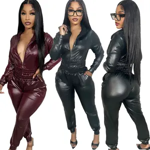 New Arrivals Casual Tight High Waist Pu Leather Trousers Sets Sexy Zipper Skinny Motorcycle Style 2 Piece Outfit For Women