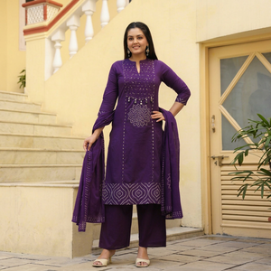 Conjunto de Kurti y Pantalón Recto de Algodón Puro Premium para Mujer, Marca Twin Feet, con Dupatta, Decoración con Estampado y Espejo - Product Image 1