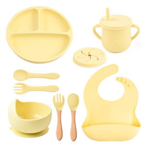 Juego de vajilla para bebé de 9 piezas, plato de silicona con diseño de carita sonriente, babero, tazón, cuchara, tenedor, taza, juego de alimentación de silicona para bebé - Product Image 5