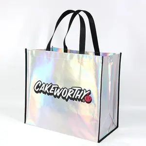 Logotipo personalizado Impressão De Luxo Ouro Metálico Presente Laser Não Tecido Saco Reutilizável Tote Shopping Bag