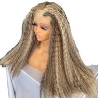Perruque synthétique longue et droite, style kinky straight, avec dentelle frontale HD transparente, sans colle, en mélange blond, 13x4x1, effet volumineux, style Yaki
