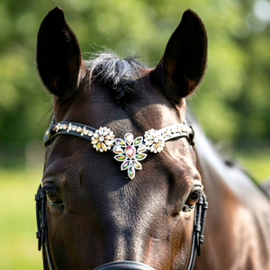 ANNABELLE EQUESTRIAN Frontal de Cheval Confortable en Cuir Noir avec Décoration Florale en Cristal et Strass, Couleur Personnalisable - Product Image 1
